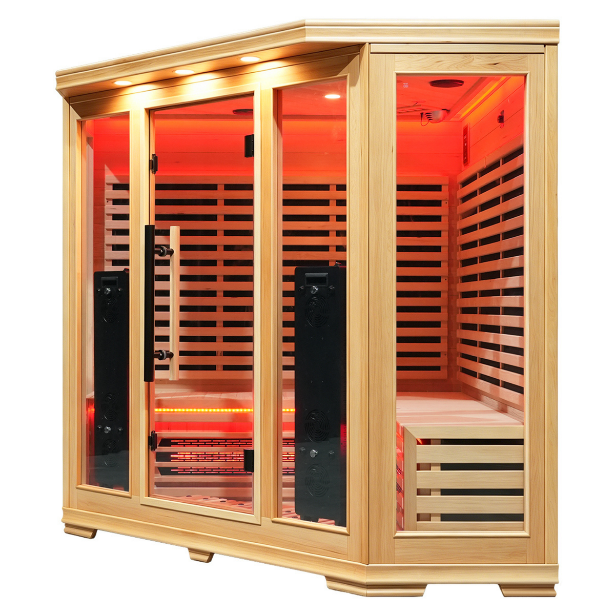Angled exterior view of Blisspod Vienna RED corner sauna showing glass doors and Canadian hemlock wood
