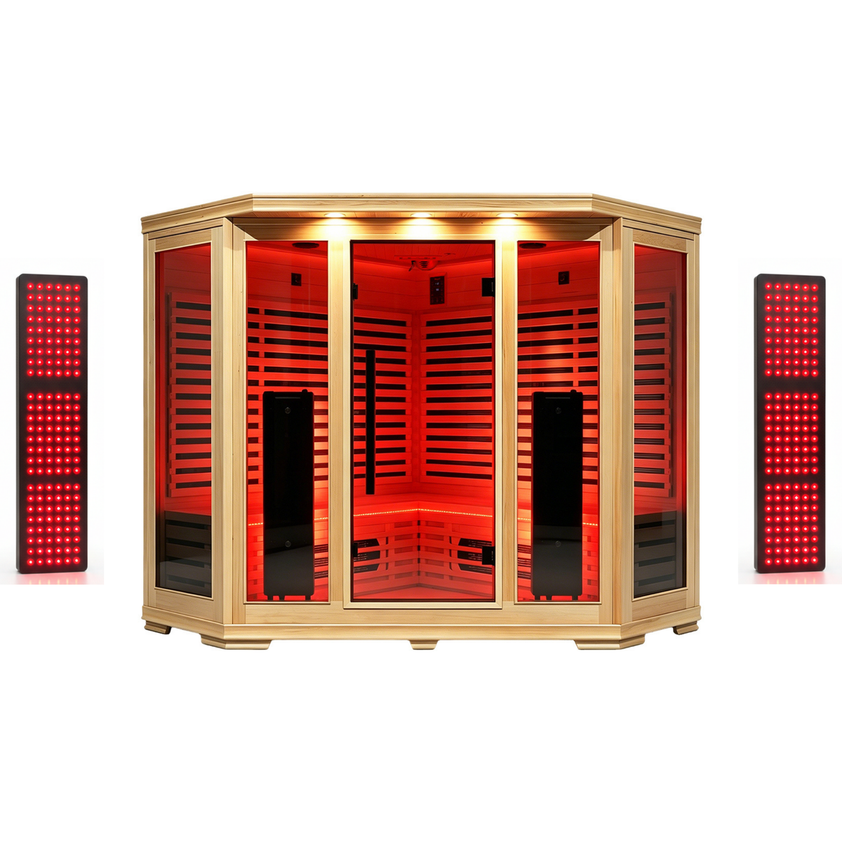 Front view of Blisspod Vienna RED infrared sauna with separate heating panels displayed beside the cabin
