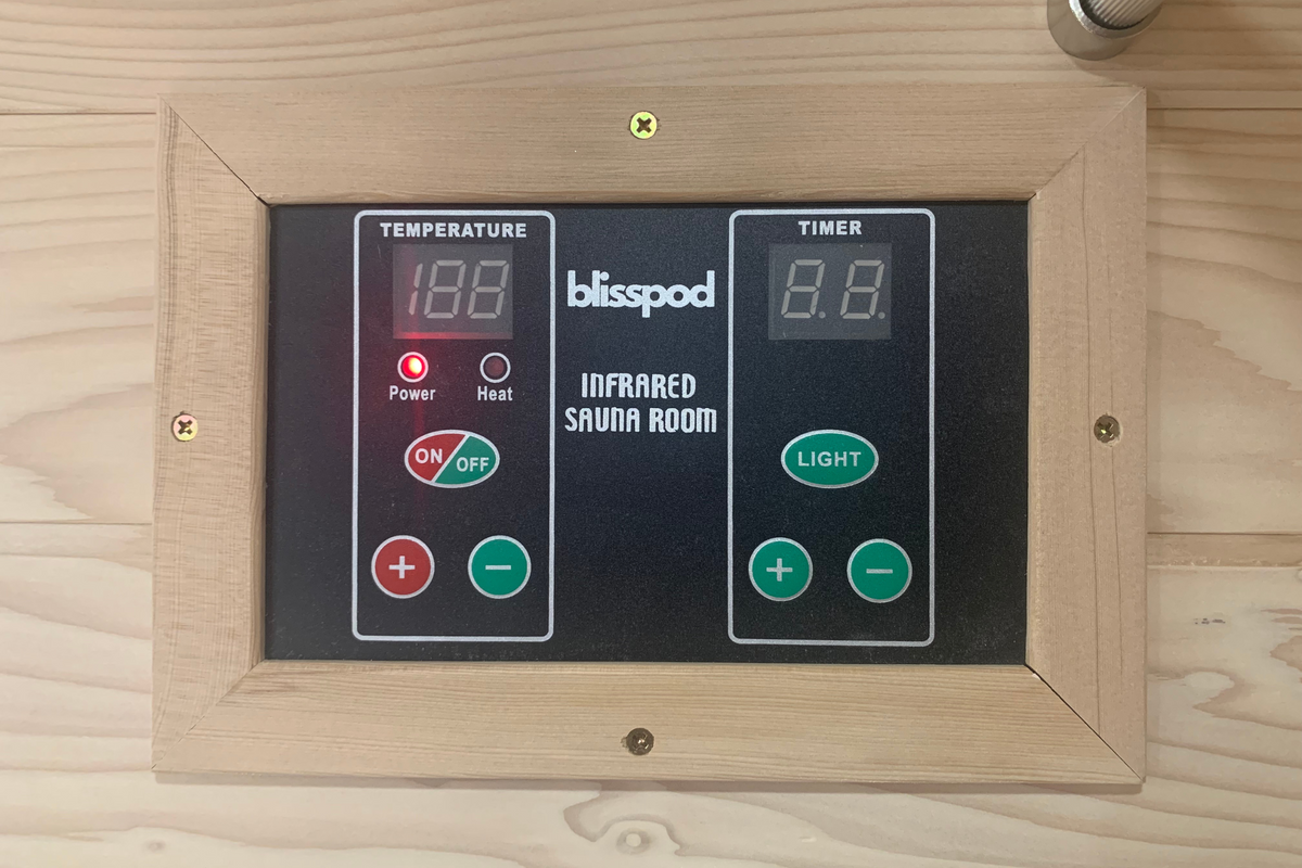 Digital temperature and timer control panel inside Blisspod Vienna sauna
