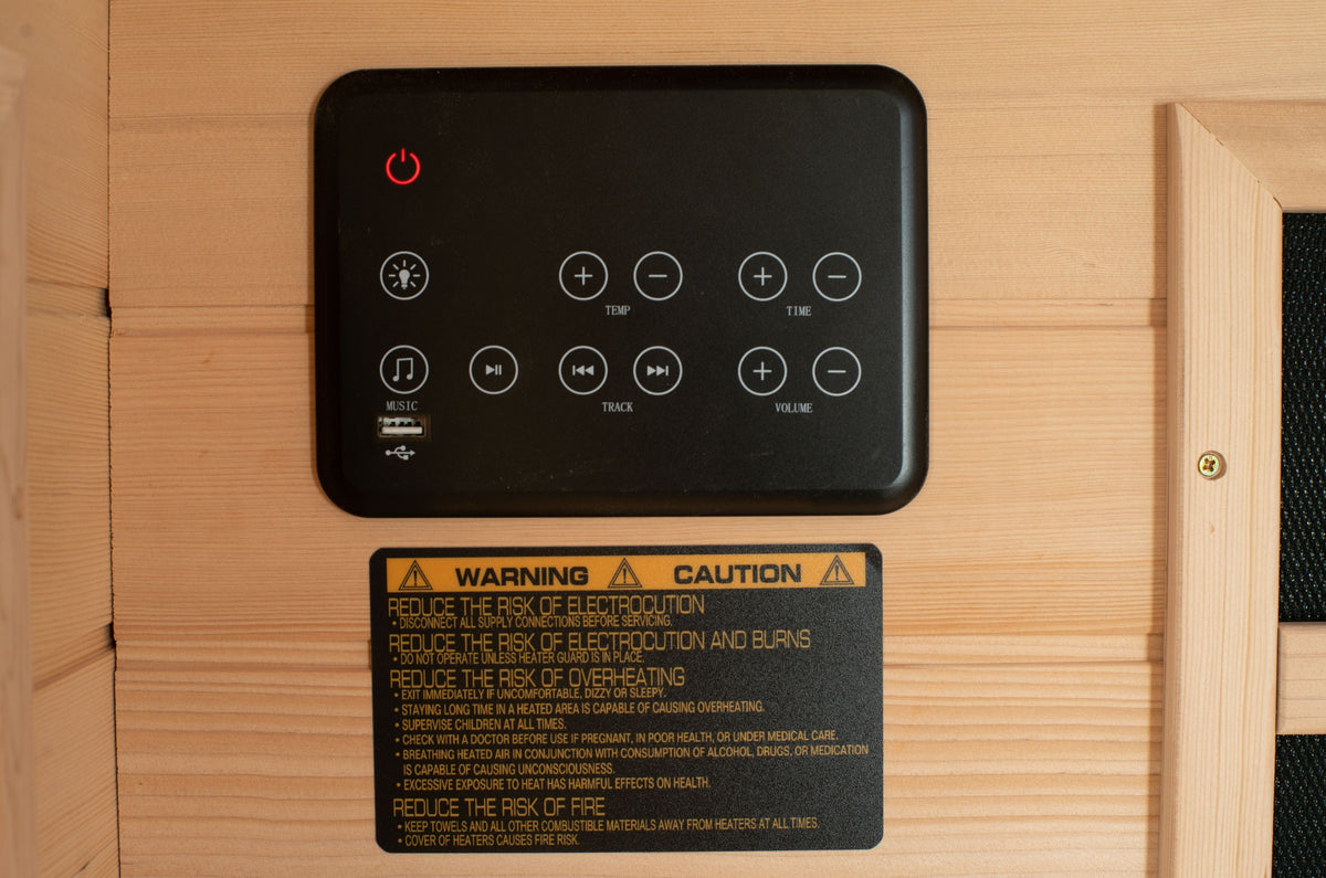Close-up of the digital control panel and audio unit inside the Blisspod Vienna infrared sauna