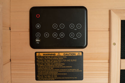 Close-up of the digital control panel and audio unit inside the Blisspod Vienna infrared sauna