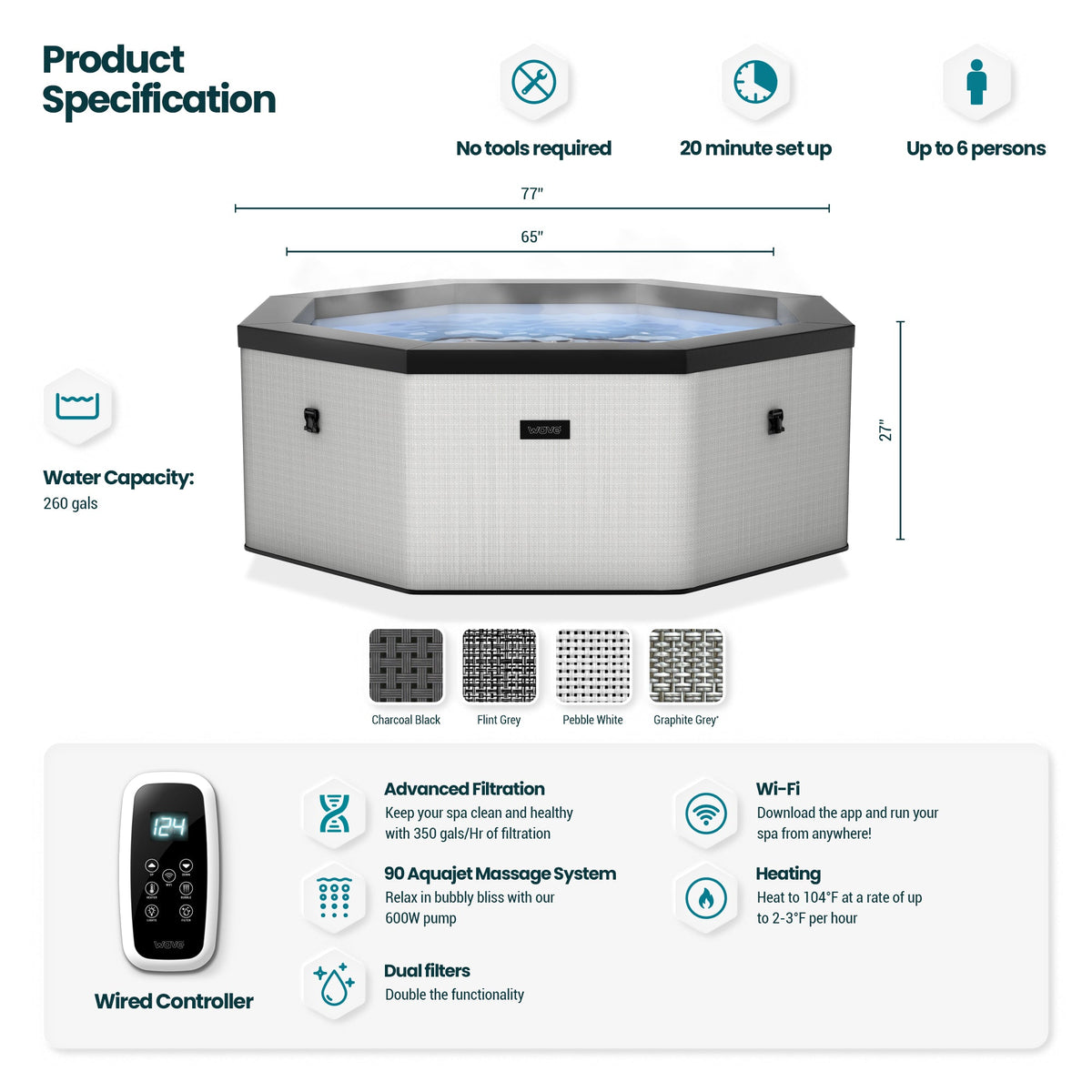 Como octagonal hot tub specification graphic showing dimensions, four exterior finishes, controller and feature illustrations