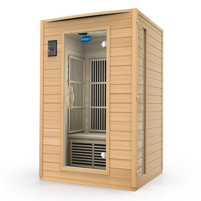 Durasage 2-person far infrared sauna with natural wood exterior, glass door and interior bench