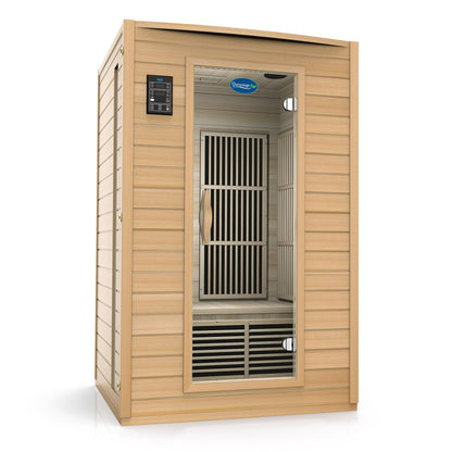 Angled exterior view of Durasage 2-person infrared sauna showing the wood cabin and glass door