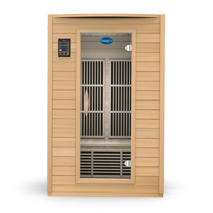 Front view of Durasage 2-person infrared sauna with glass door and natural wood construction