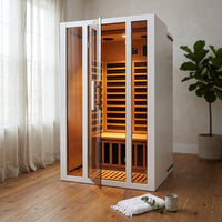 2 Person Extendable FAR Infrared Sauna for Home, Hemlock Wood Low EMF 6 Carbon Heaters Indoor Saunas with LED Lights, Bluetooth Speaker, Digital Control Panel, and Seating Bench — Studio Shot