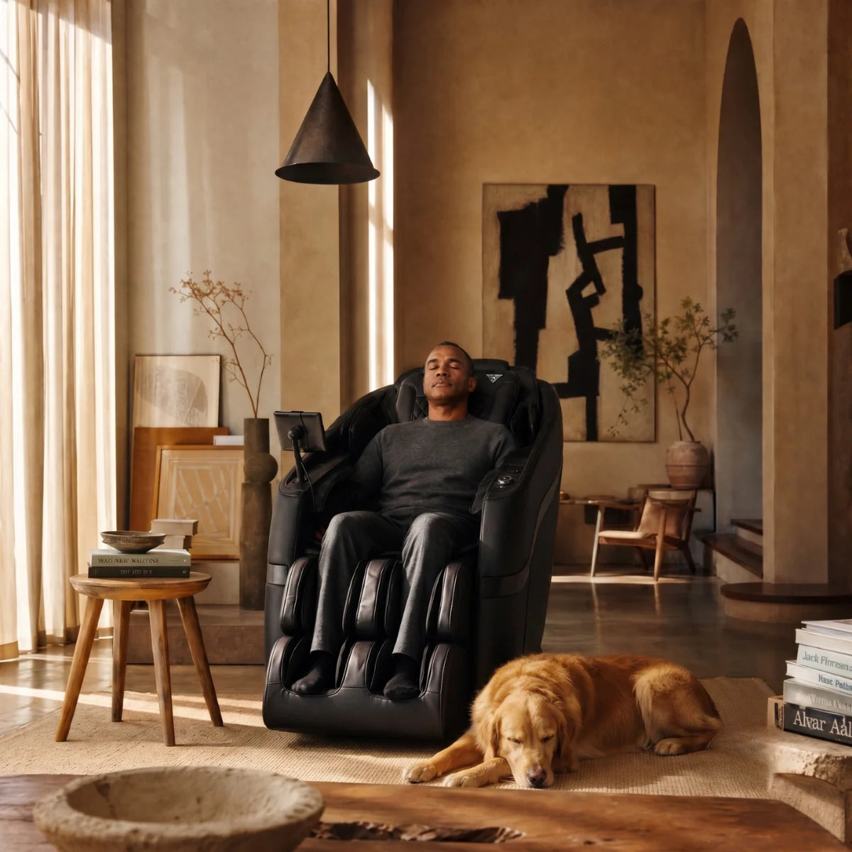 Man relaxing in Floridian Rebel 4D massage chair in a living room with a dog