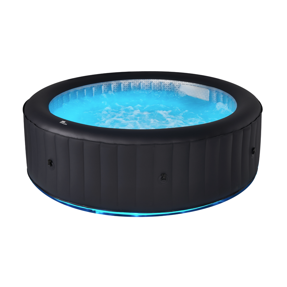 MSpa AURORA hot tub illuminated with blue LED lighting
