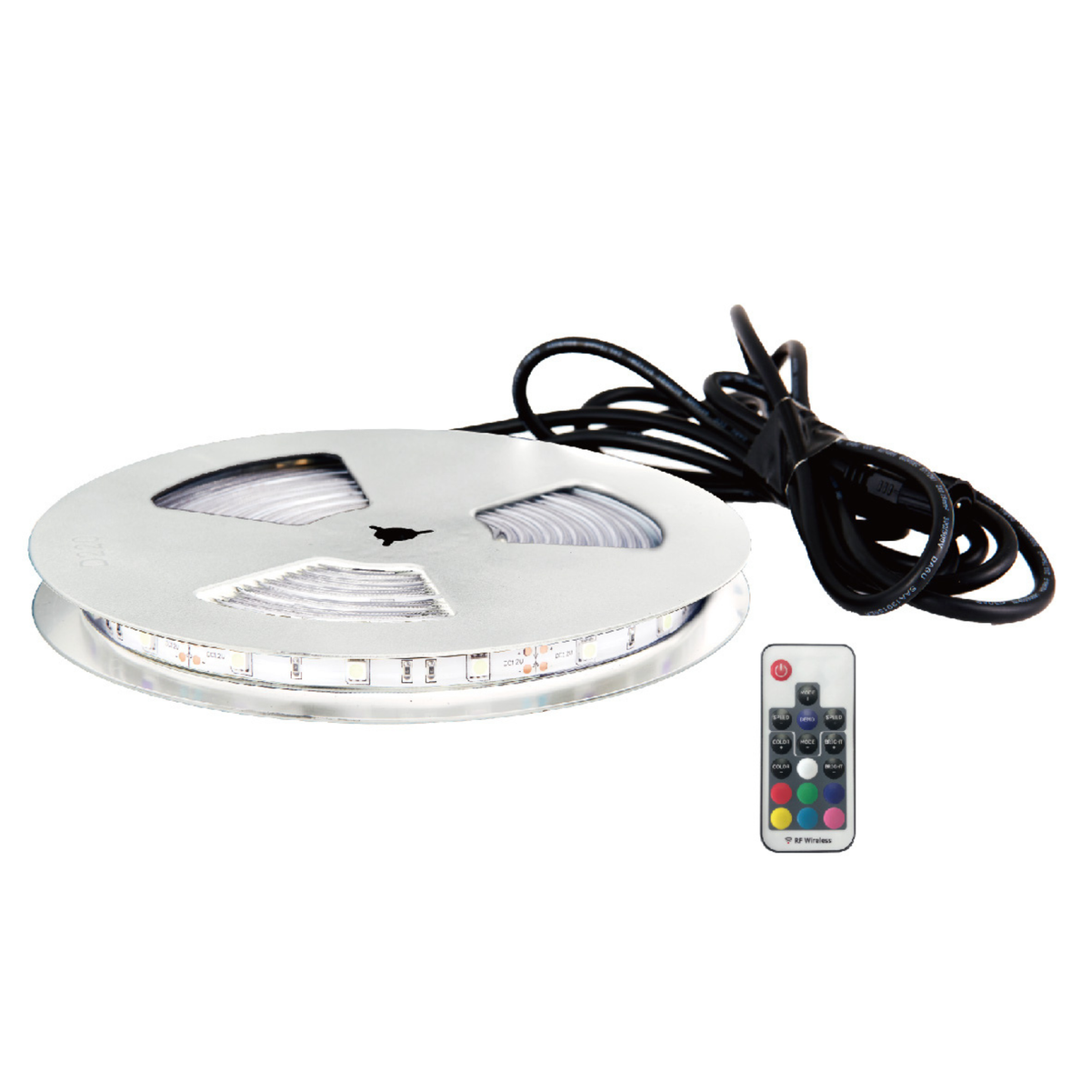 White circular accessory with black cable and small connector shown on a white background
