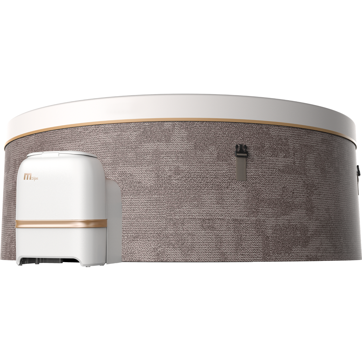 Side view of MSpa COCOON hot tub showing textured exterior and attached control box
