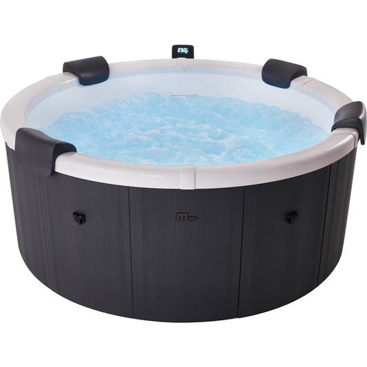 MSpa Denver 6-person rigid-frame hot tub filled with bubbling water, with dark gray exterior and padded headrests