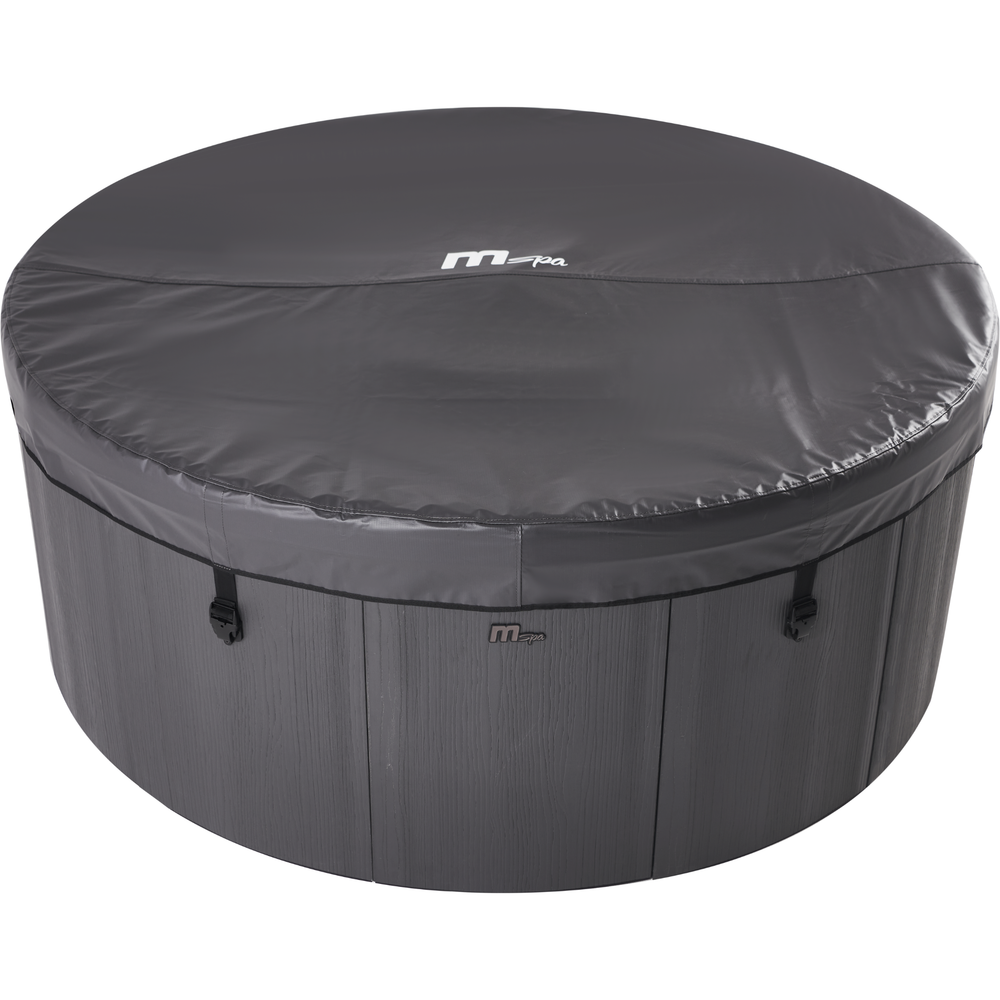 MSpa Denver rigid-frame hot tub with a dark fitted cover secured over the top