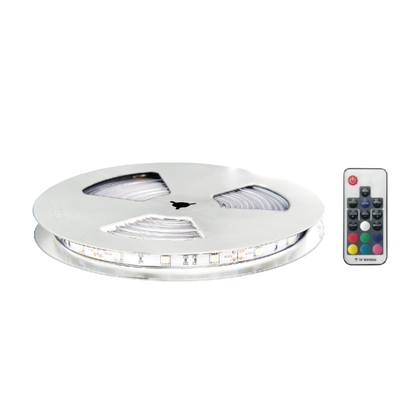 Coiled LED light strip and handheld remote displayed on a white background