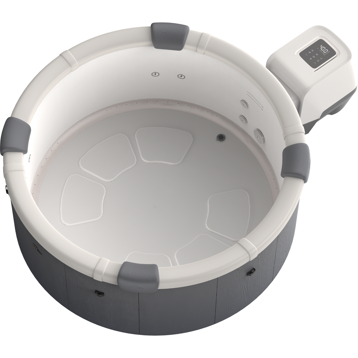 Overhead view of the MSpa Denver hot tub showing its white interior, headrests and exterior control unit