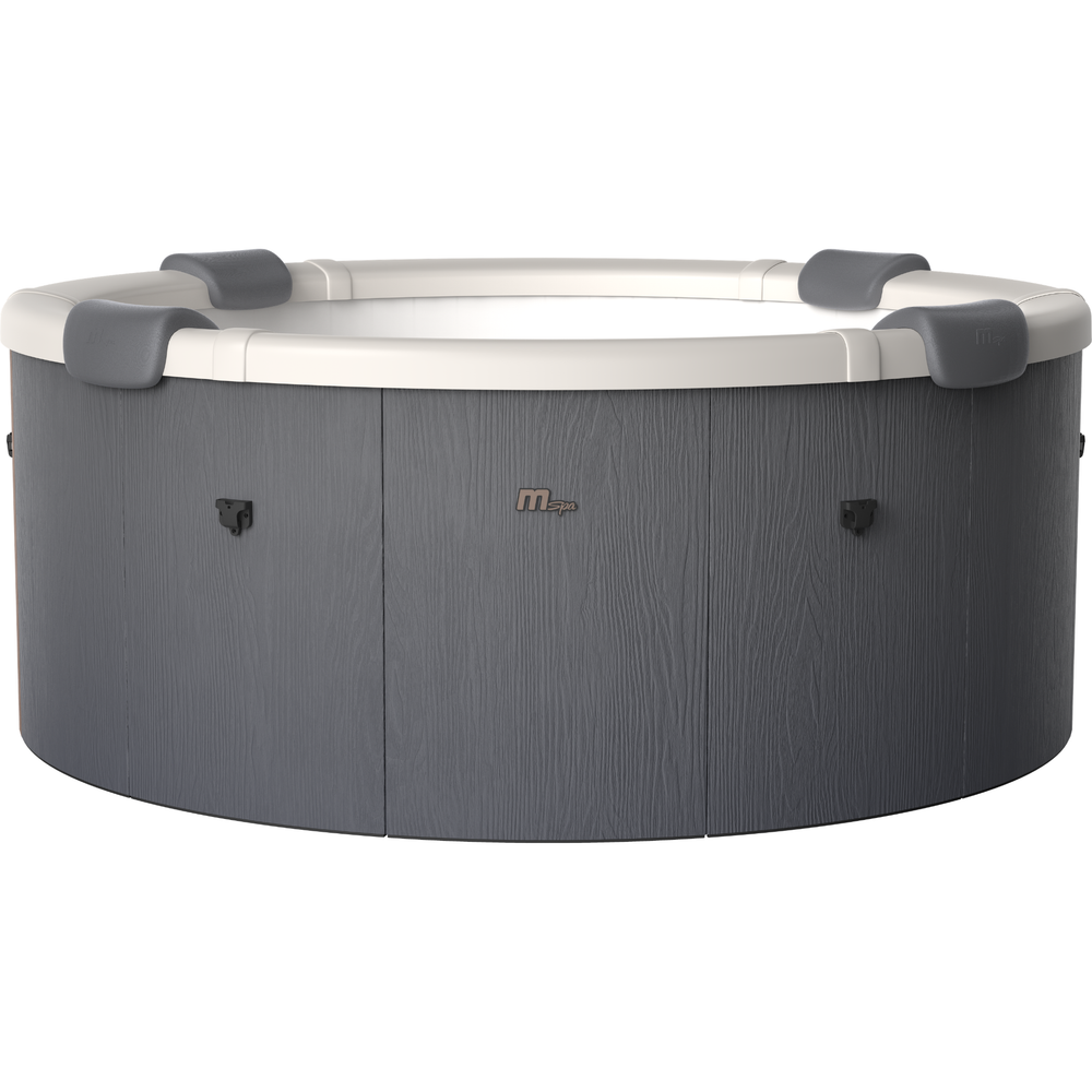 Front view of the MSpa Denver hot tub showing dark gray exterior panels, white rim and padded headrests
