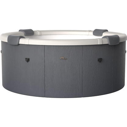 Front view of the MSpa Denver hot tub showing dark gray exterior panels, white rim and padded headrests