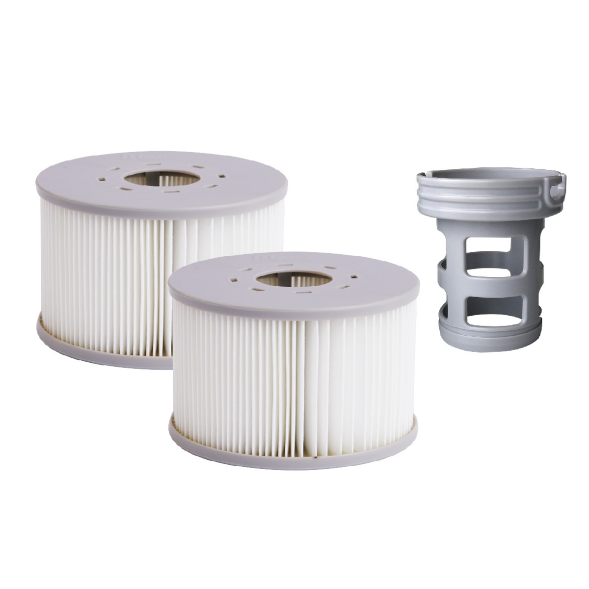 Two filter cartridges and cartridge base for the MSpa DUET-ECO inflatable hot tub
