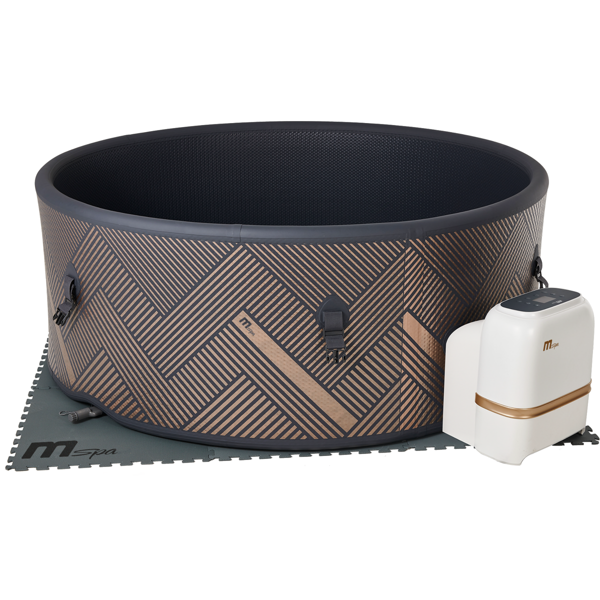 Angled view of MSpa MONO inflatable hot tub with white external control box
