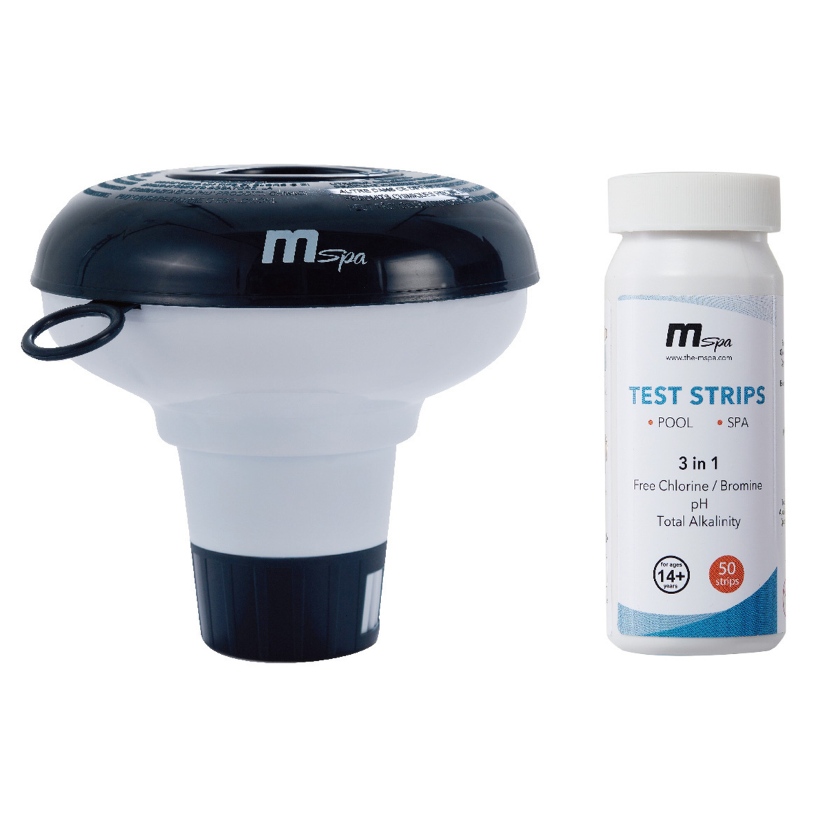 Floating chemical dispenser and water-care supplies pictured for MSpa hot tub maintenance
