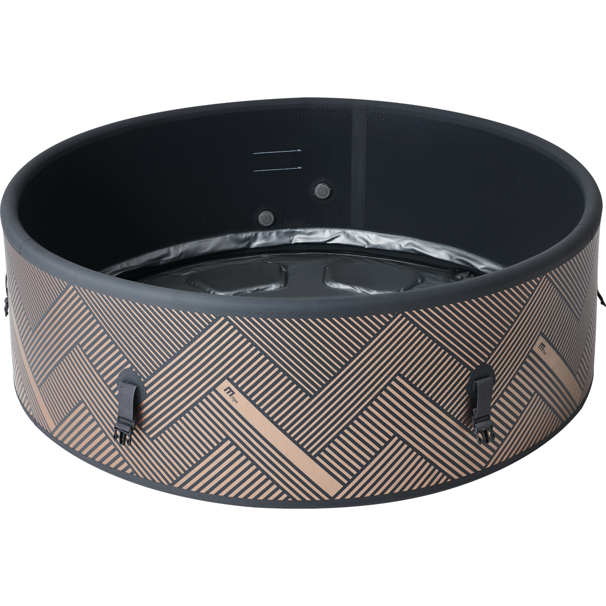 MSpa MONO round inflatable hot tub showing its open interior and geometric exterior design