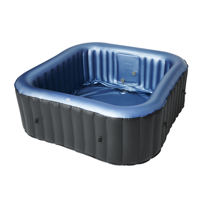 Angled view of the MSpa Tekapo inflatable hot tub showing its blue interior and square shape