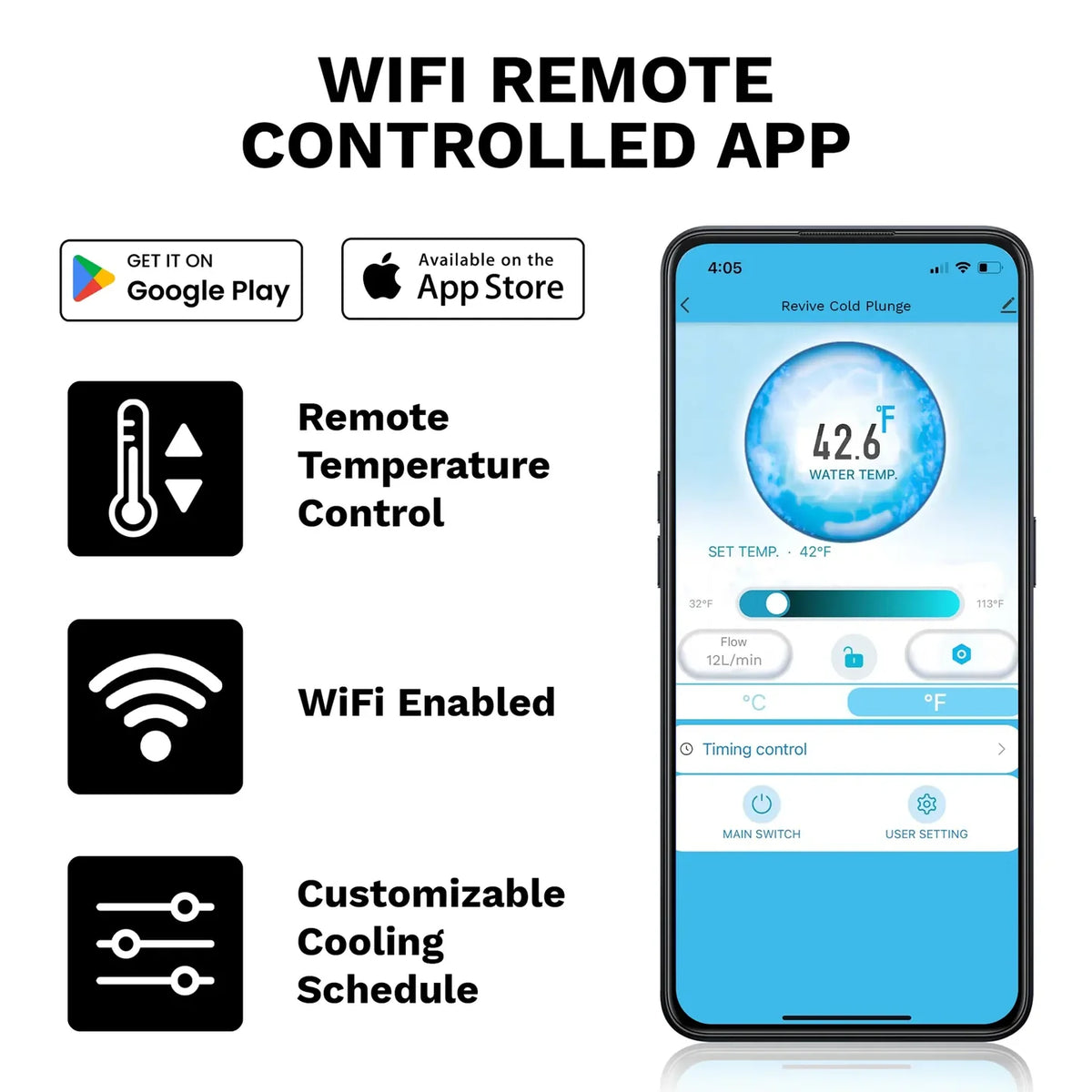 Revive cold plunge app-control graphic showing a smartphone interface and remote-control features