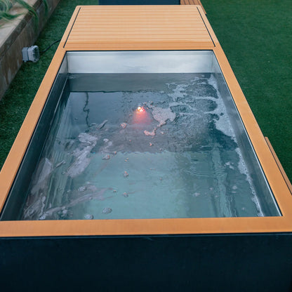 Overhead view of the Revive Luxury cold plunge showing its water-filled interior and tan surround.