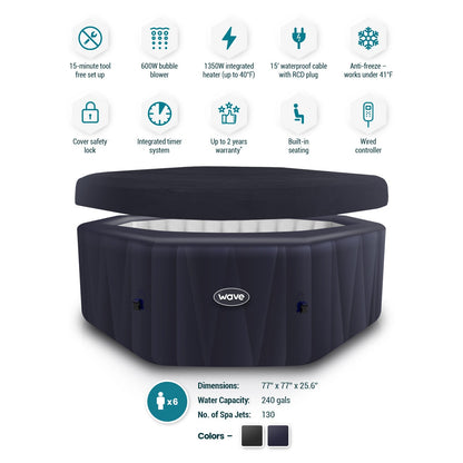 Navy inflatable hot tub with cover raised, surrounded by feature icons, dimensions and capacity information